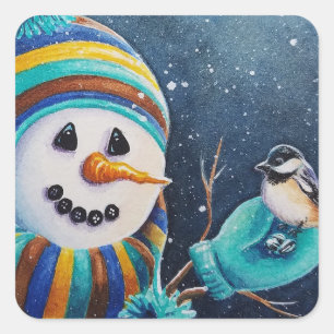 Winter Snowman Feeds Chickadee Bird Watercolor Art Square Sticker