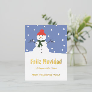 Winter Snowman Feliz Navidad  y Prospero Año Nuevo Foil Holiday Postcard