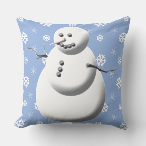 Winter Snowman Light Blue And White Holiday Throw Pillow