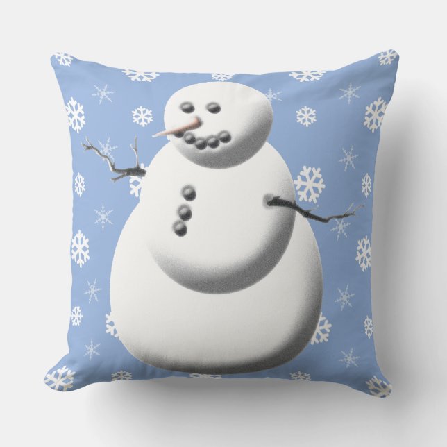 Winter Snowman Light Blue And White Holiday Throw Pillow (Front)