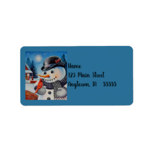 Winter Snowman & Red Cardinal Bird Watercolor Art Label