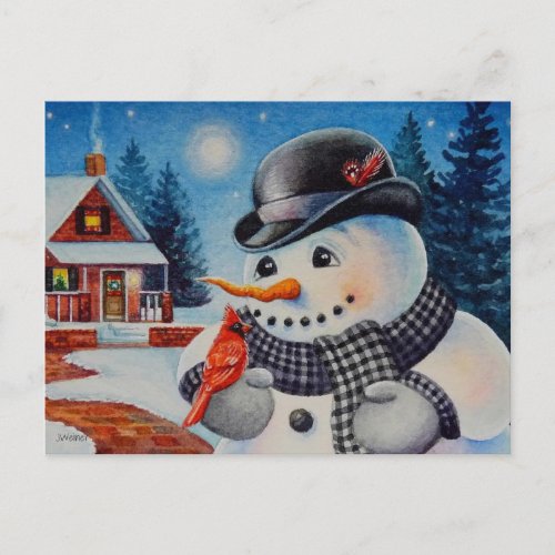 Winter Snowman  Red Cardinal Bird Watercolor Art Postcard