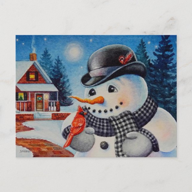 Winter Snowman & Red Cardinal Bird Watercolor Art Postcard (Front)