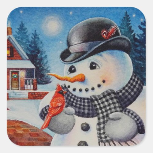 Winter Snowman  Red Cardinal Bird Watercolor Art Square Sticker