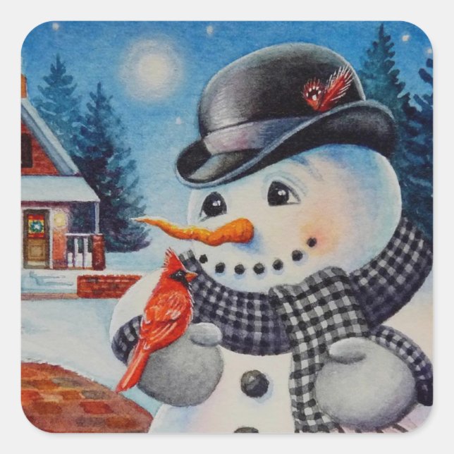 Winter Snowman & Red Cardinal Bird Watercolor Art Square Sticker (Front)
