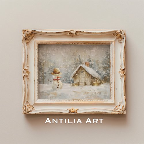 Winter Snowman Scene Painting Rustic Christmas Poster