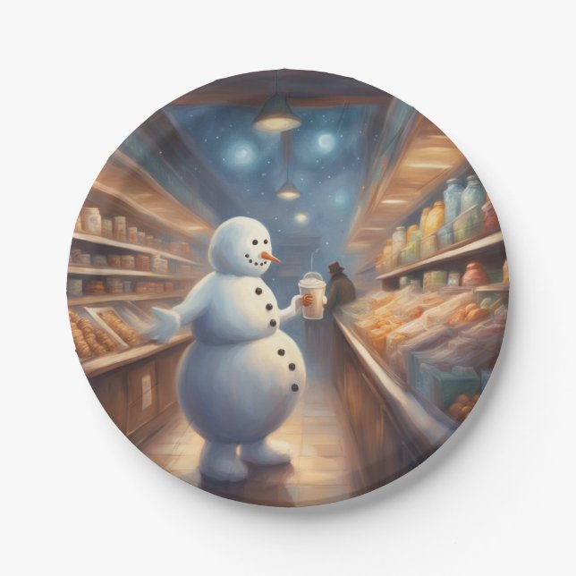 Winter Snowman shopping with coffee birthday party Paper Plates (Front)