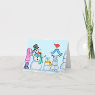 Winter - Snowman, Snowcat, Snowdog, and Girl Holiday Card