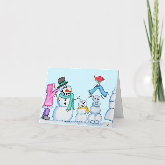 Winter - Snowman, Snowcat, Snowdog, and Girl Holiday Card (Front)