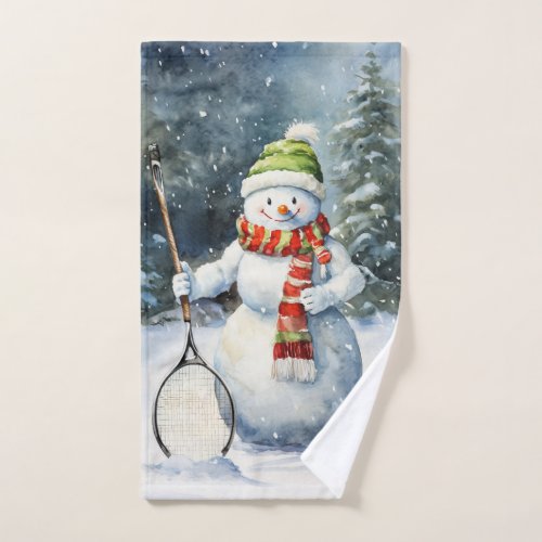 Winter Snowman Tennis Enthusiast Holiday Christmas Hand Towel