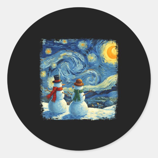 Winter Snowman Van Gogh Starry Night Christmas  Classic Round Sticker (Front)