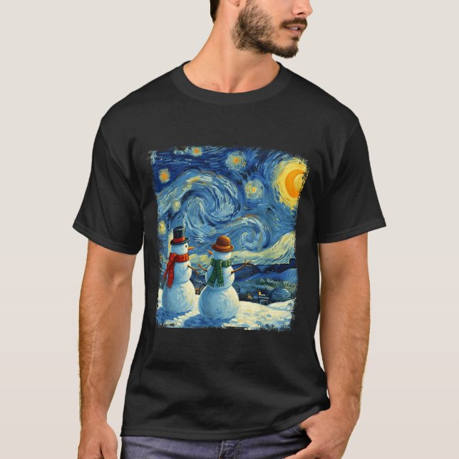 Winter Snowman Van Gogh Starry Night Christmas  T-Shirt (Front)