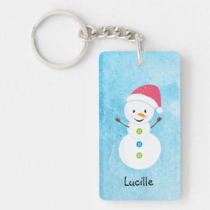 Winter Snowman with Name and Santa Cap Keychain