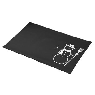 Winter Snowman with Scarf Hat Broom, Black White Cloth Placemat