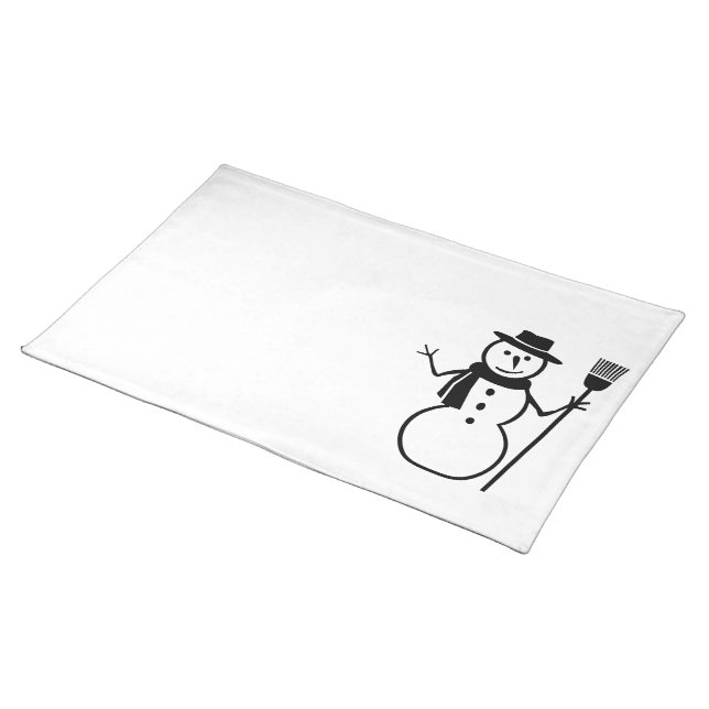 Winter Snowman with Scarf Hat Broom, Black White Placemat (On Table)