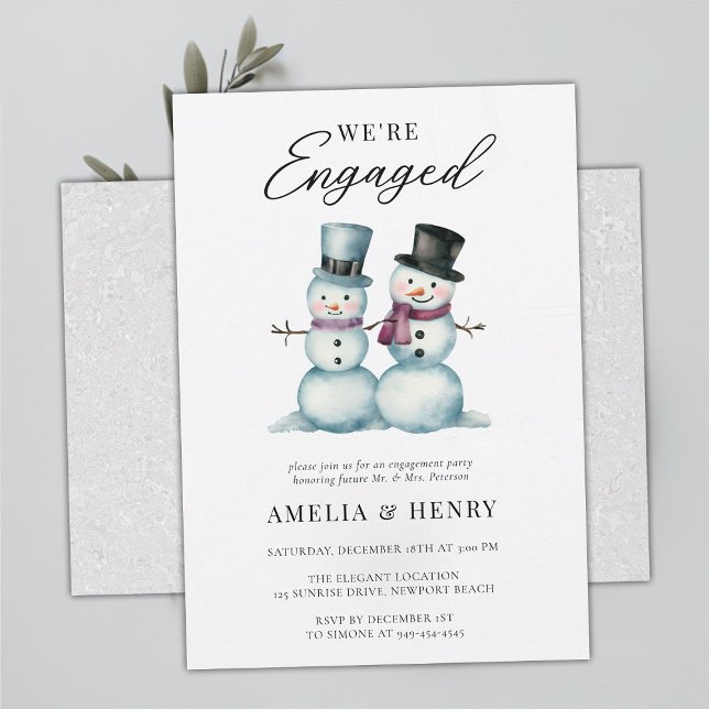 Winter Snowmen Funny Cute Engagement Party Invitation (funny casual engagement party snowman winter cute humor watercolor snow in love were engaged)