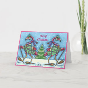 WINTER SNOWSHOES & COAT PINK FLAMINGO TREKKING HOLIDAY CARD