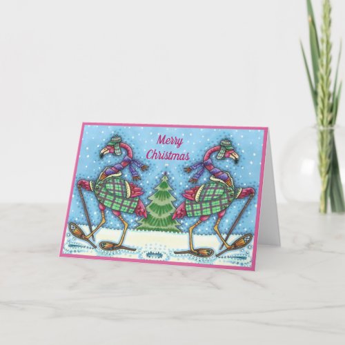 WINTER SNOWSHOES  COAT PINK FLAMINGO TREKKING HOLIDAY CARD