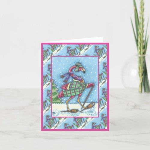 WINTER SNOWSHOES  COAT PINK FLAMINGO TREKKING HOLIDAY CARD