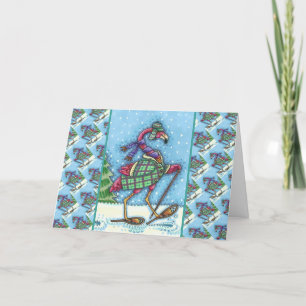 WINTER SNOWSHOES & COAT PINK FLAMINGO TREKKING HOLIDAY CARD