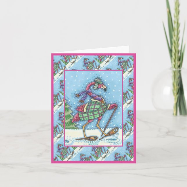 WINTER SNOWSHOES & COAT PINK FLAMINGO TREKKING HOLIDAY CARD (Front)