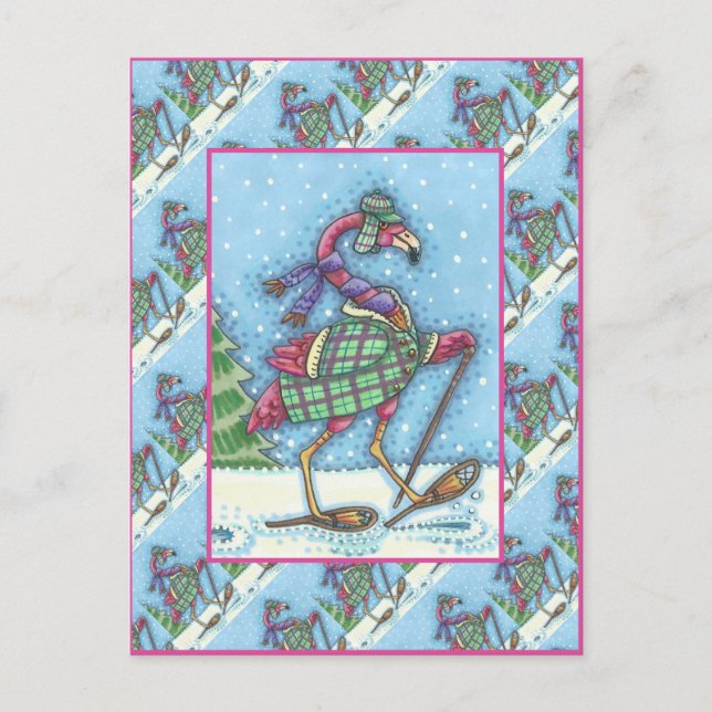 WINTER SNOWSHOES & COAT PINK FLAMINGO TREKKING HOLIDAY POSTCARD (Front)