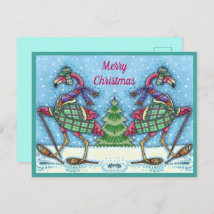 WINTER SNOWSHOES & COAT PINK FLAMINGO TREKKING HOLIDAY POSTCARD
