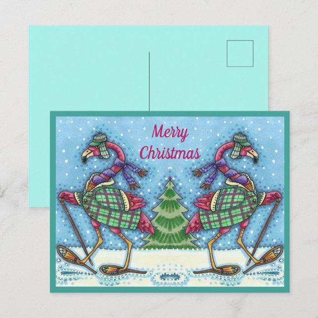 WINTER SNOWSHOES & COAT PINK FLAMINGO TREKKING HOLIDAY POSTCARD (Front/Back)