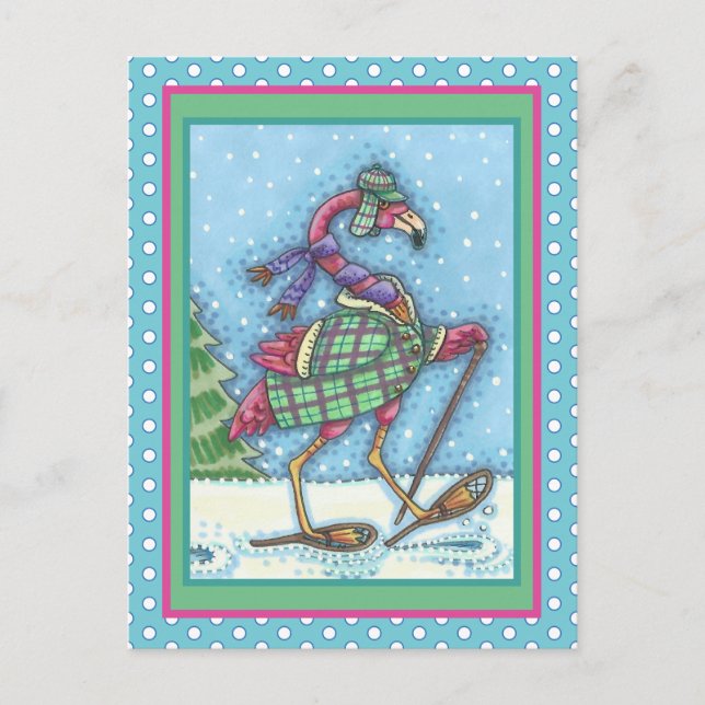 WINTER SNOWSHOES & COAT PINK FLAMINGO TREKKING HOLIDAY POSTCARD (Front)