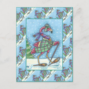 WINTER SNOWSHOES & COAT PINK FLAMINGO TREKKING HOLIDAY POSTCARD