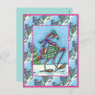 WINTER SNOWSHOES & COAT PINK FLAMINGO TREKKING HOLIDAY POSTCARD
