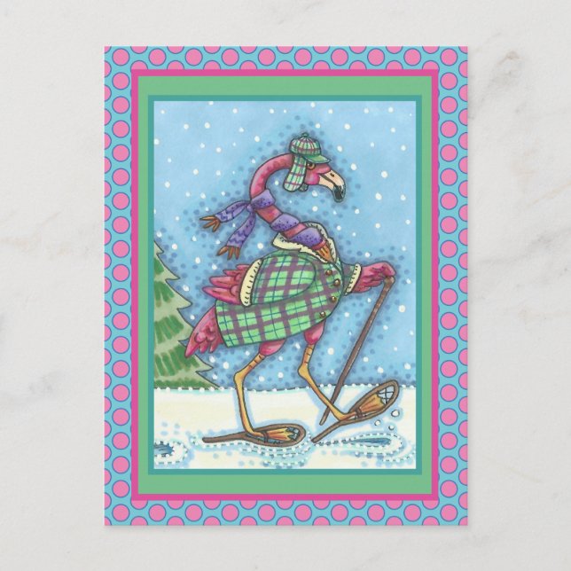 WINTER SNOWSHOES & COAT PINK FLAMINGO TREKKING HOLIDAY POSTCARD (Front)