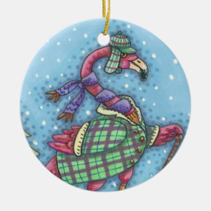 WINTER SNOWSHOES, PINK FLAMINGO CHRISTMAS ORNAMENT