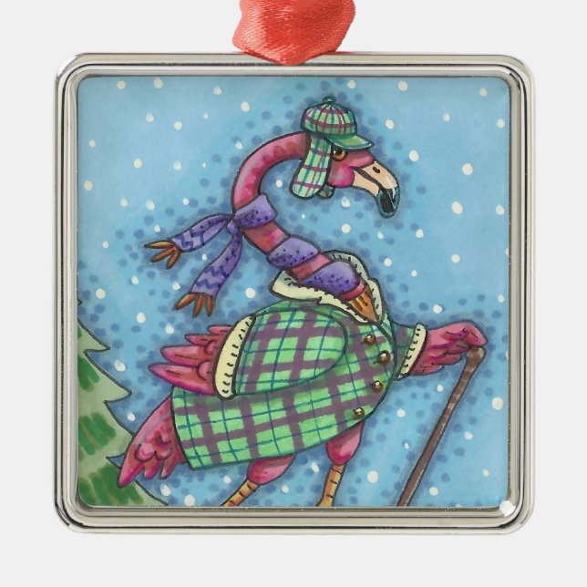 WINTER SNOWSHOES, PINK FLAMINGO CHRISTMAS ORNAMENT (Front)