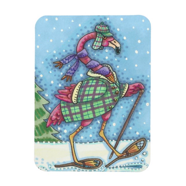 WINTER SNOWSHOES PINK FLAMINGO MAGNET (Vertical)