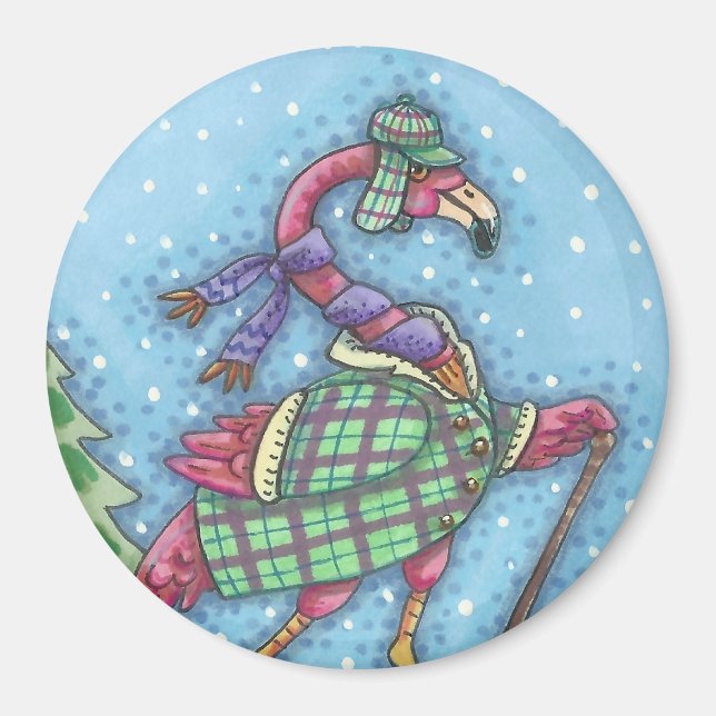 WINTER SNOWSHOES, PINK FLAMINGO MAGNET Round (Front)