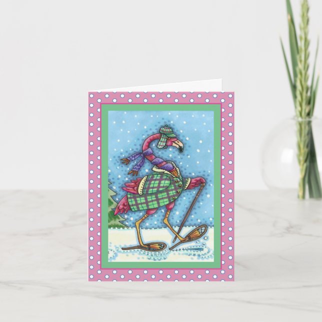 WINTER SNOWSHOES, PLAID COAT PINK FLAMINGO Blank Holiday Card (Front)