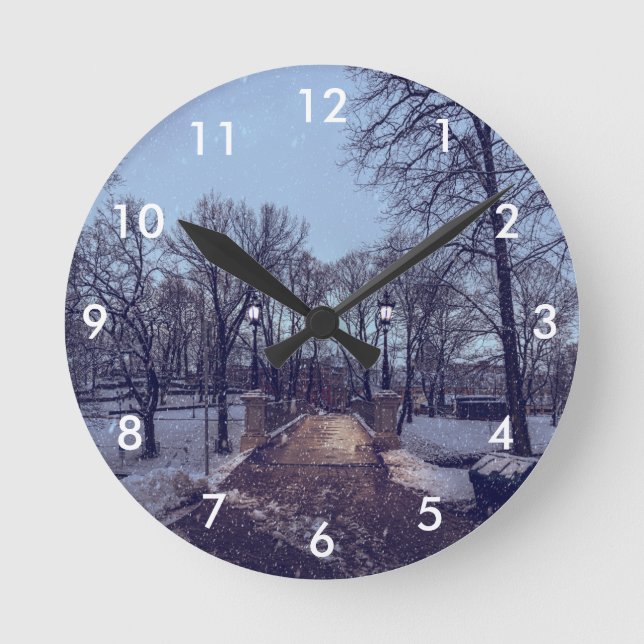 Winter snowy city park in the evening round clock (Front)