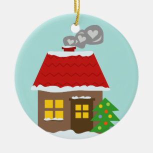 Winter snowy cottage personalized Merry Christmas Ceramic Ornament