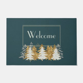 Winter Snowy Evergreens Personalized Welcome Mat