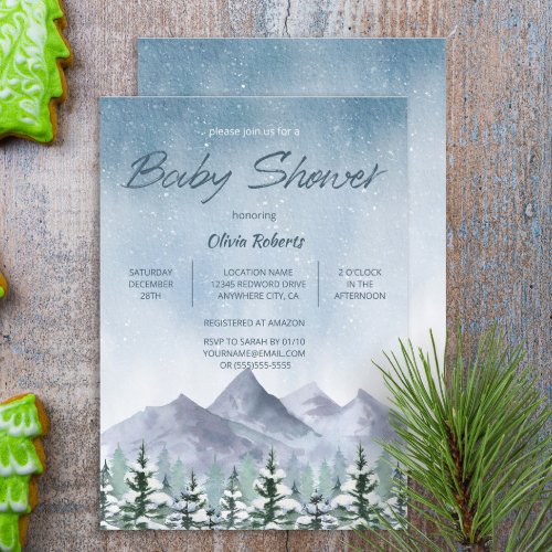 Winter Snowy Mountain Forest Baby Shower Invitation