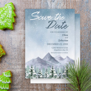 Winter Snowy Mountain Forest Wedding Save The Date