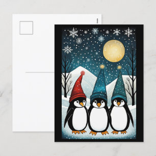 Winter Snowy Mountain Santa Penguin Christmas Holiday Postcard