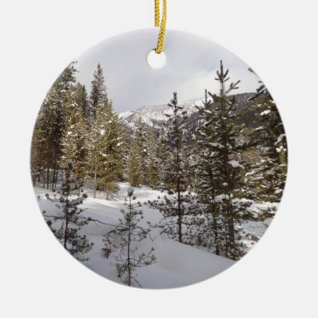 Winter Snowy Mountain Scene in Montana Ceramic Ornament (Front)