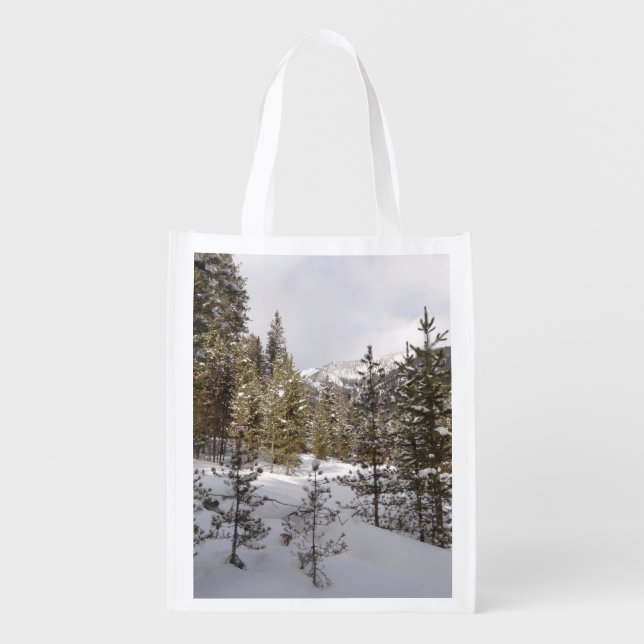 Winter Snowy Mountain Scene in Montana Grocery Bag (Front)