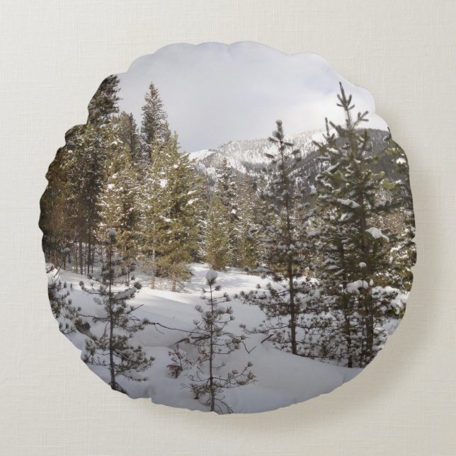 Winter Snowy Mountain Scene in Montana Round Pillow (Front)