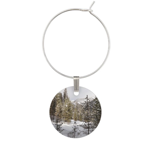 Winter Snowy Mountain Scene in Montana Wine Charm (Front)
