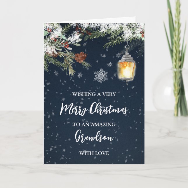 Winter Snowy Night Grandson Merry Christmas Card (Front)
