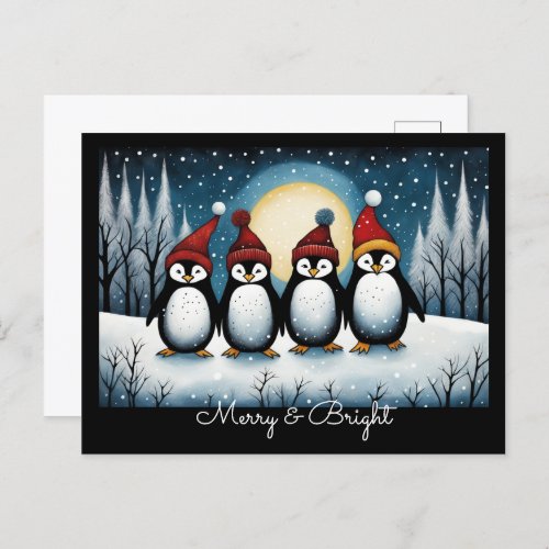 Winter Snowy Night Santa Penguin Christmas  Holiday Postcard
