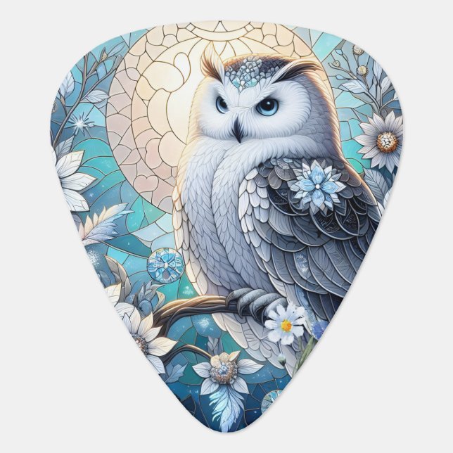 Winter Snowy Owl Stained Glass  Guitar Pick (Front)